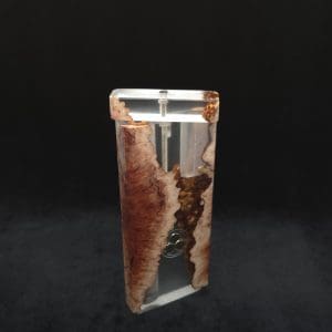 This image portrays Dynavap Dugout Device/Material Storage Case-Manzanita Burl Hybrid XXL by Dovetail Woodwork.