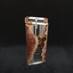 This image portrays Dynavap Dugout Device/Material Storage Case-Manzanita Burl Hybrid XXL by Dovetail Woodwork.