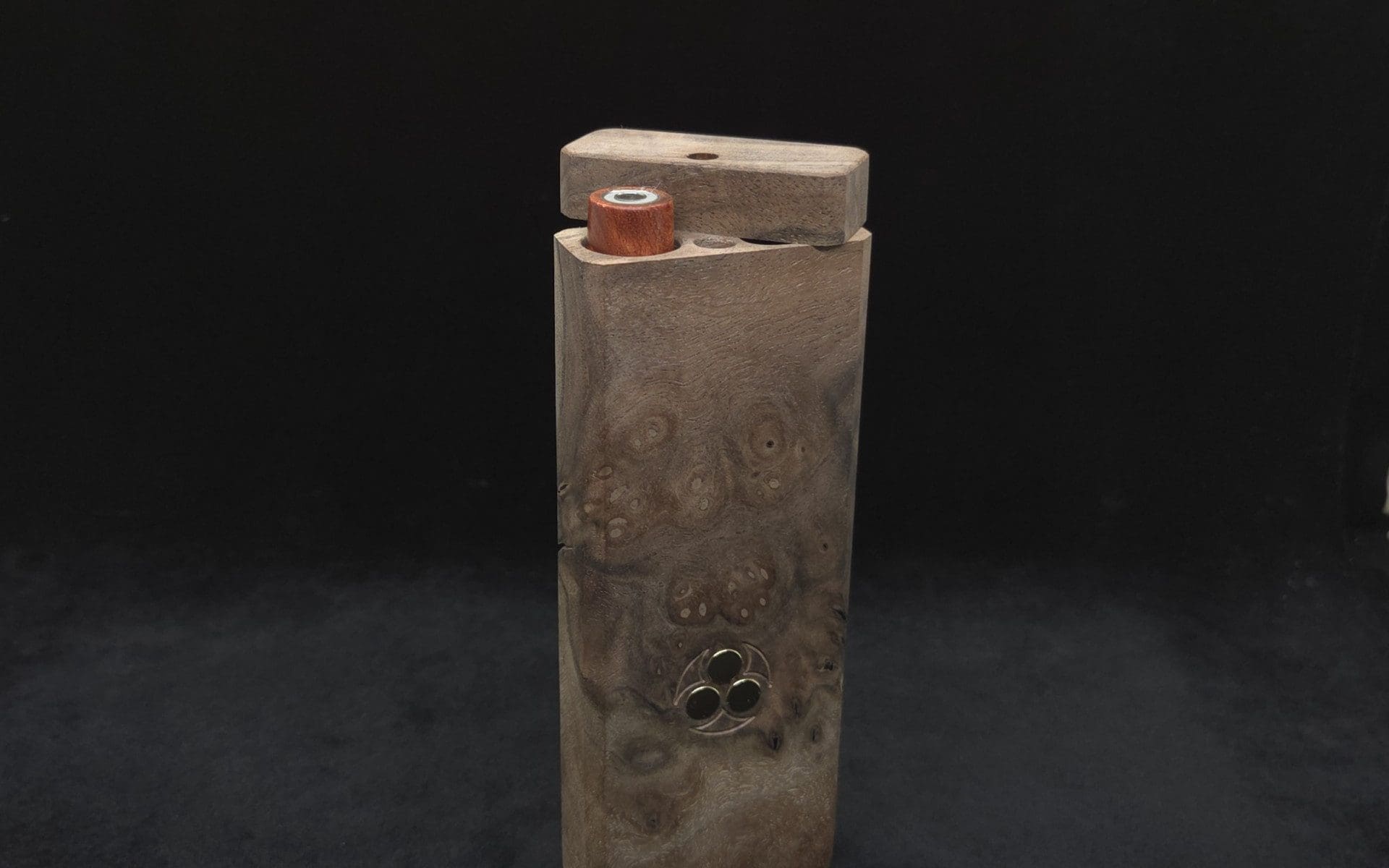 This image portrays Dynavap Device Dugout/Material Storage Case-Raw Walnut Burl-Slim Stash XL by Dovetail Woodwork.