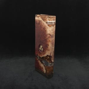 This image portrays Dynavap Dugout Device/Material Storage Case-Manzanita Burl Hybrid XXL by Dovetail Woodwork.