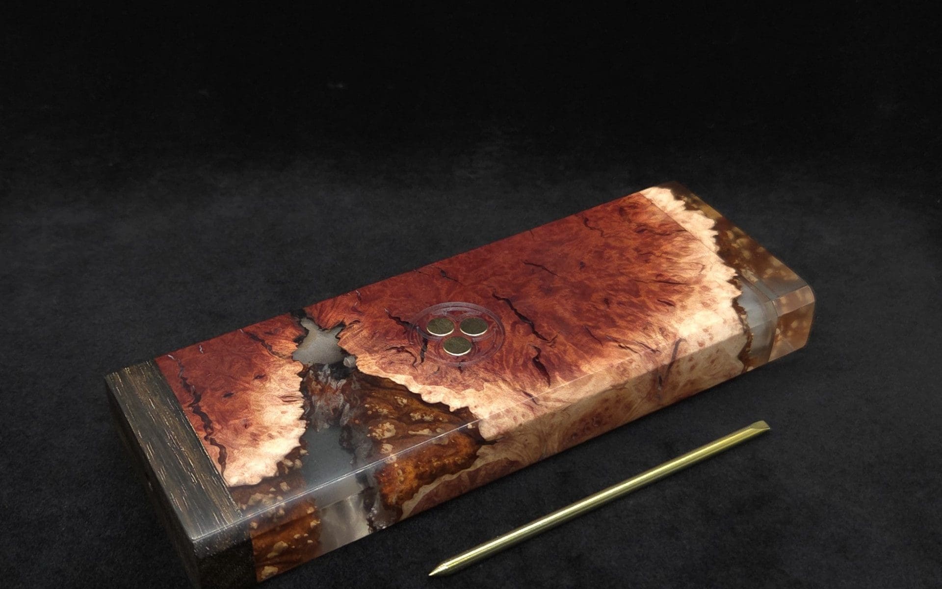 This image portrays Dynavap Dugout Device/Material Storage Case-Manzanita Burl Hybrid XXL by Dovetail Woodwork.