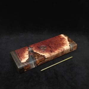 This image portrays Dynavap Dugout Device/Material Storage Case-Manzanita Burl Hybrid XXL by Dovetail Woodwork.