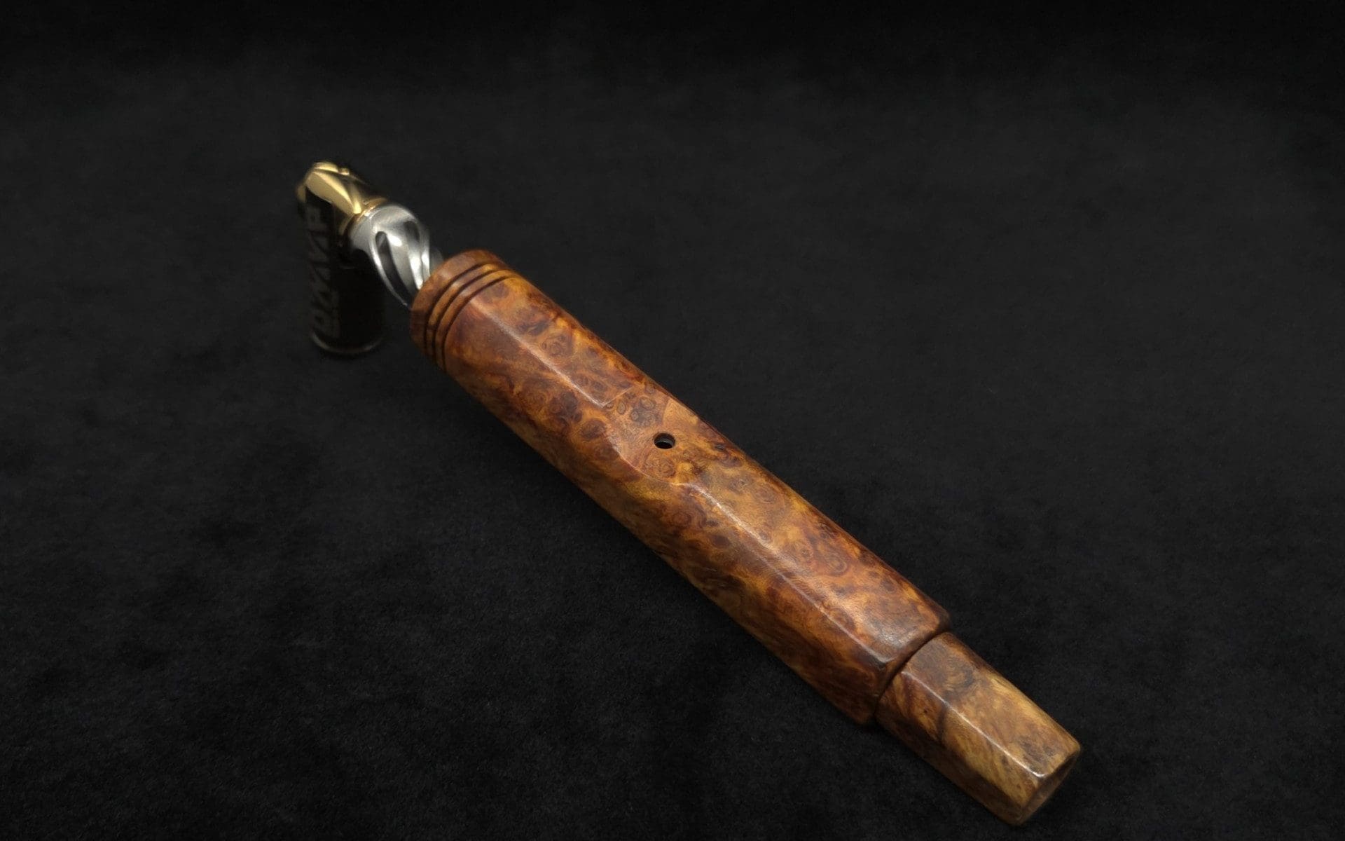 This image portrays No-Roll XL Burl Dynavap Stem + Book-Matched M.P. by Dovetail Woodwork.