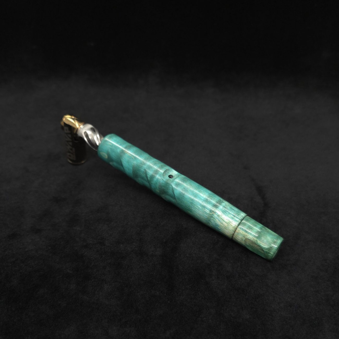 This image portrays Tri-Channel XL Dynavap Stem Wavy Maple Burl + Book-Matched M.P. ☘ by Dovetail Woodwork.