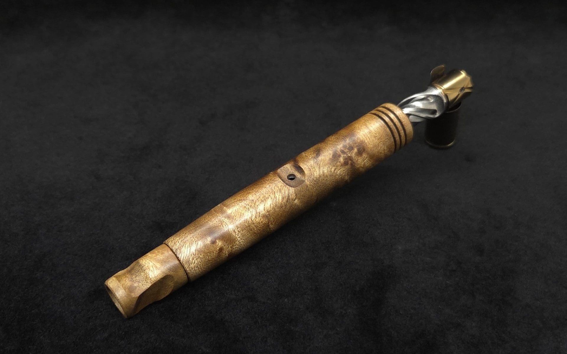 This image portrays Blunt XL Dynavap Burl Stem + Book-Matched M.P. - Rare Kabukalli Burl ☘ by Dovetail Woodwork.
