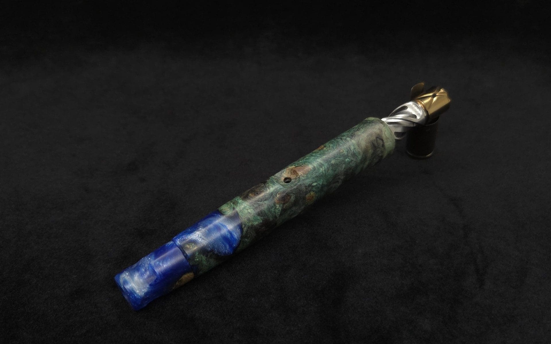 This image portrays Tri-Channel XL Dynavap Stem Buckeye Burl Hybrid + Book-Matched M.P. ☘ by Dovetail Woodwork.
