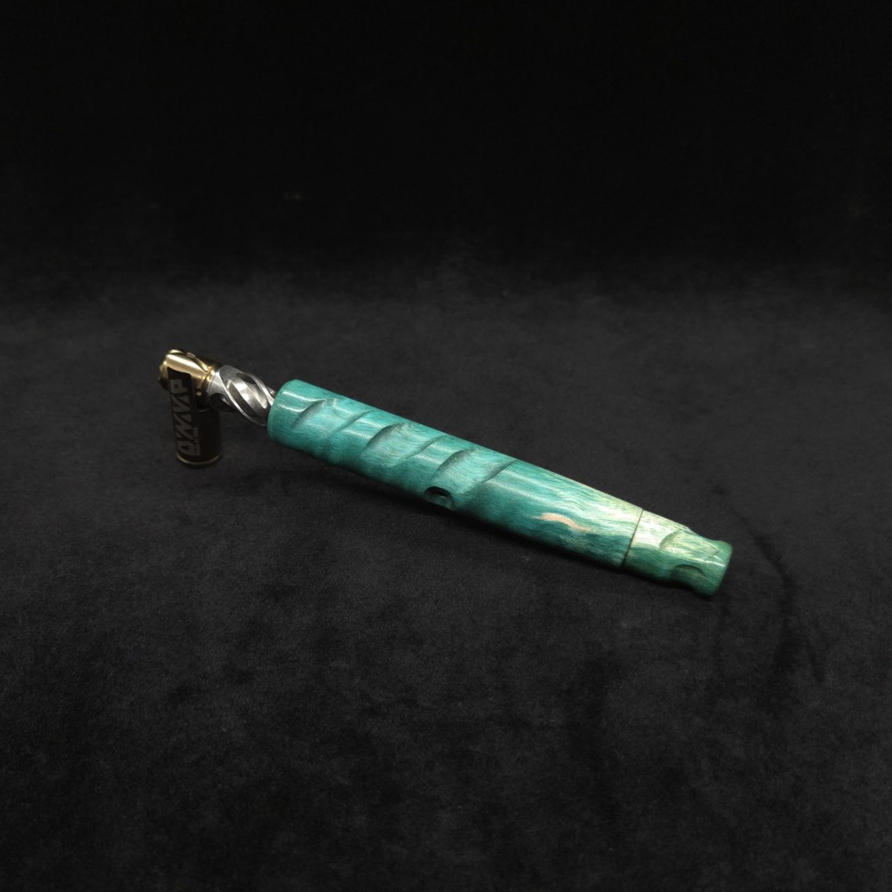 This image portrays Tri-Channel XL Dynavap Stem Wavy Maple Burl + Book-Matched M.P. ☘ by Dovetail Woodwork.