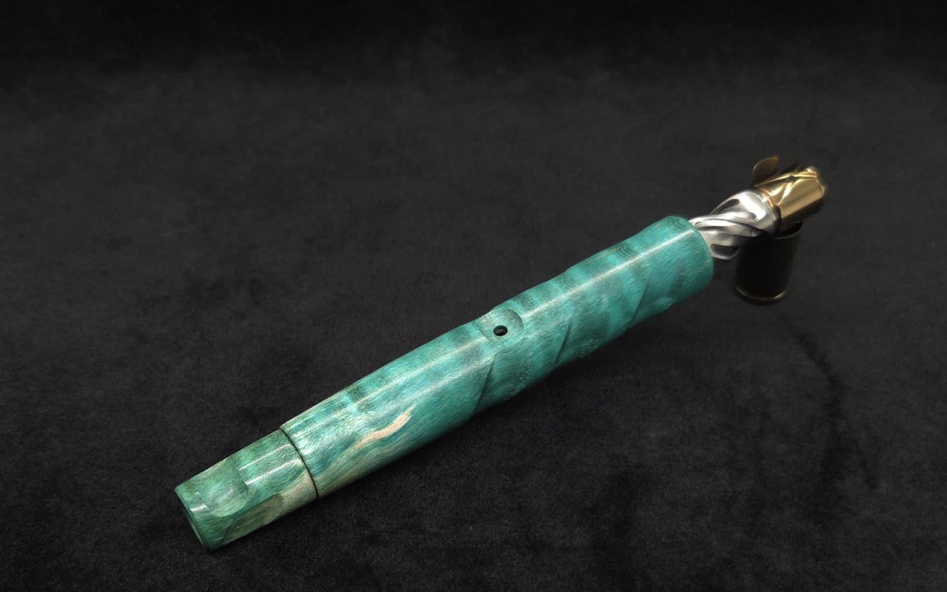 This image portrays Tri-Channel XL Dynavap Stem Wavy Maple Burl + Book-Matched M.P. ☘ by Dovetail Woodwork.