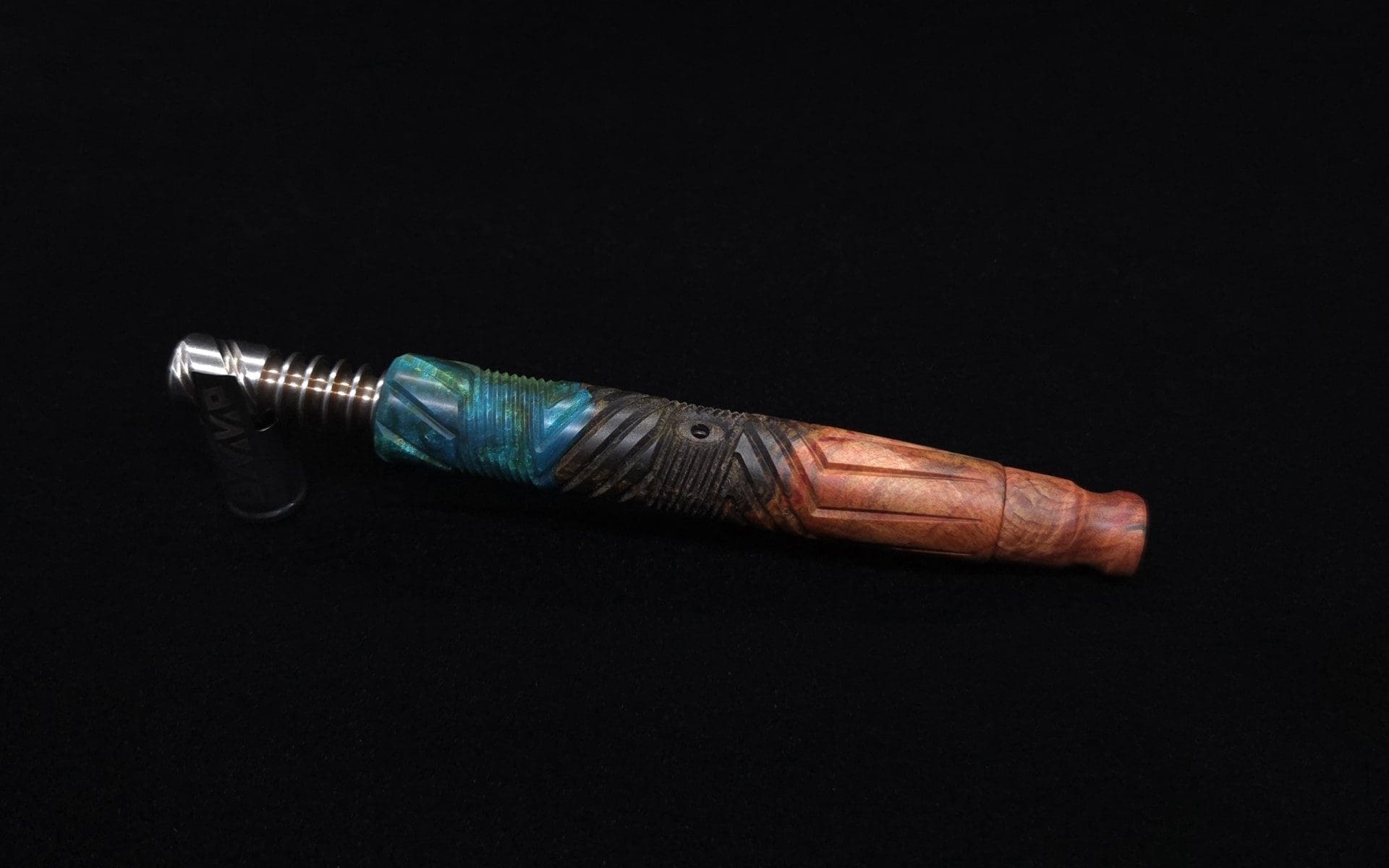 This image portrays Vertex XL Burl Hybrid Dynavap Stem + Book-Matched M.P. - NEW! 🎃 by Dovetail Woodwork.