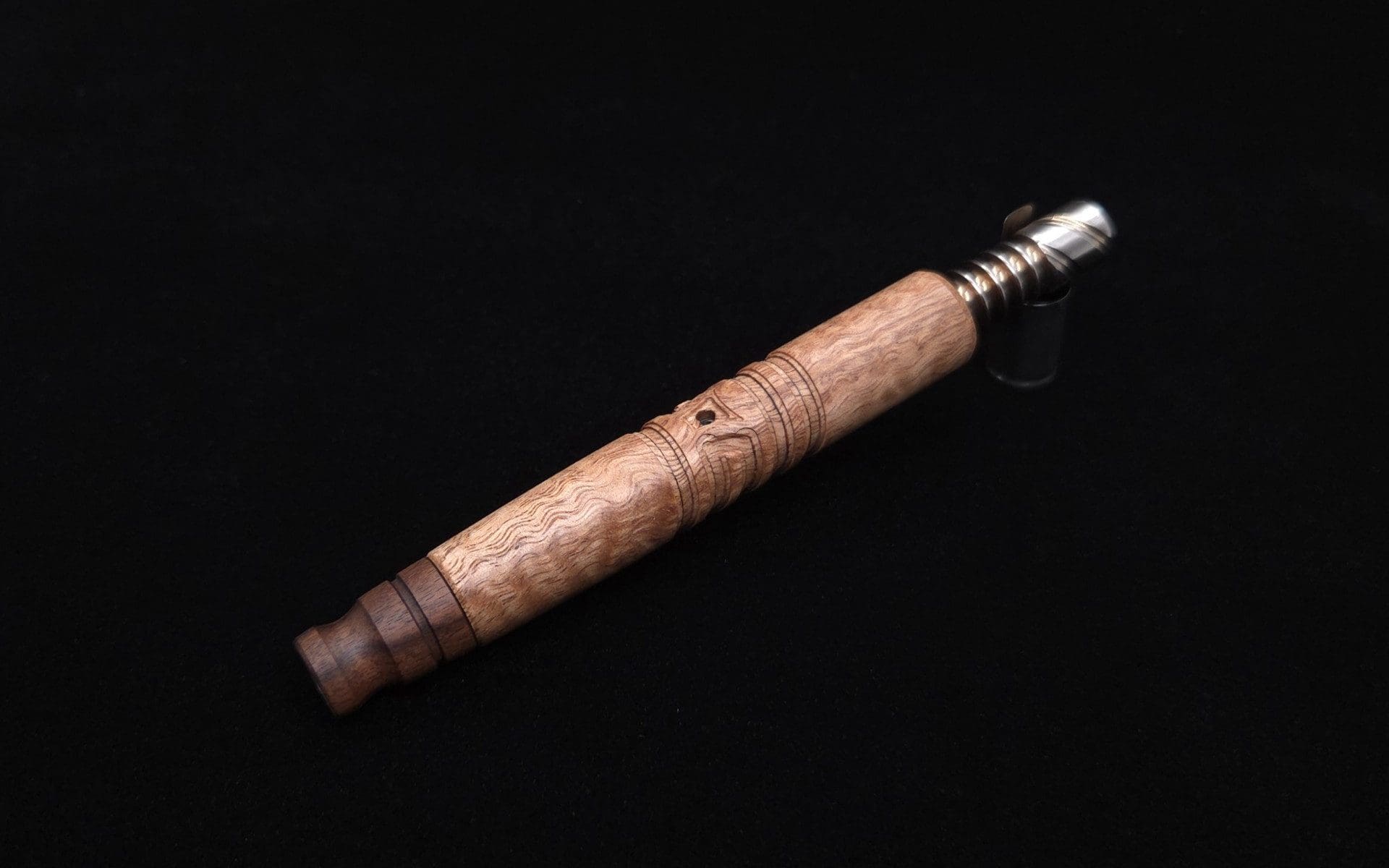 This image portrays Viper XL Dynavap Stem Midsection/Curly Eucalyptus Burl + Matched Mouthpiece ☘ by Dovetail Woodwork.