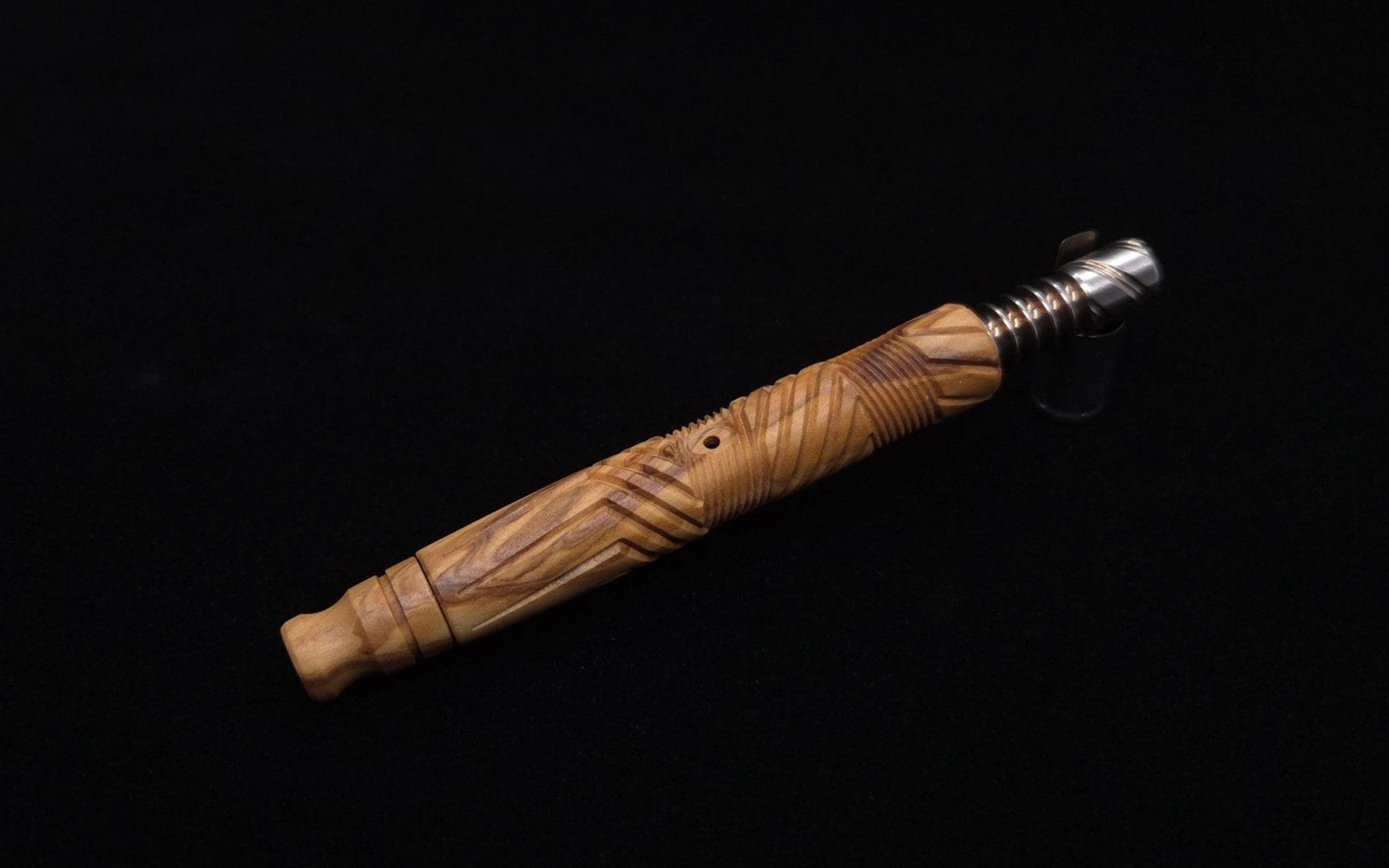 This image portrays Vertex XL Bethlehem Olivewood Dynavap Stem + Book-Matched Mouthpiece + Bonus 🎃 M.P. - NEW! ☘ by Dovetail Woodwork.