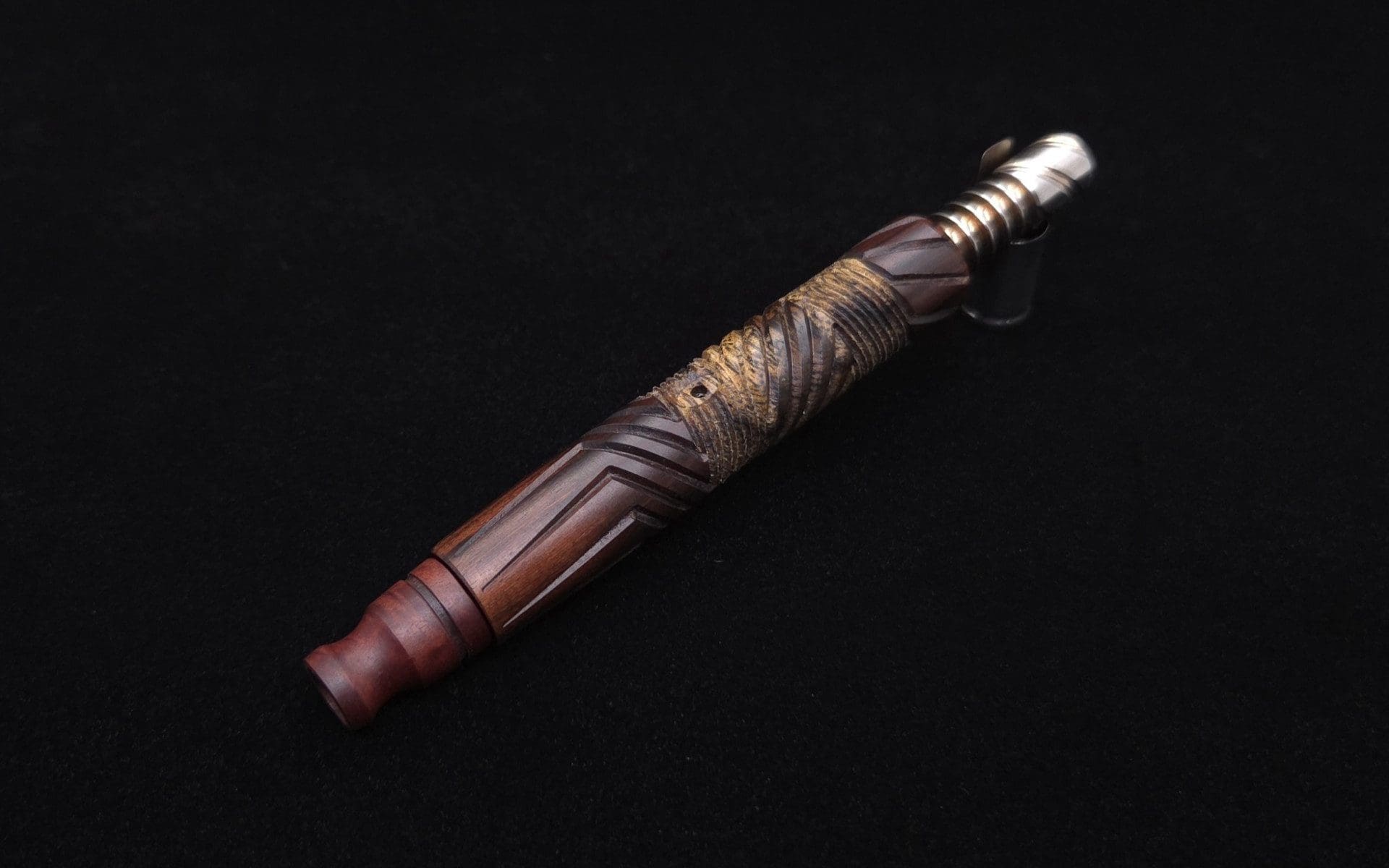This image portrays Vertex Mixed Burl XL Dynavap Stem + Manzanita Burl Mouthpiece - NEW! ☘ 🎃 by Dovetail Woodwork.