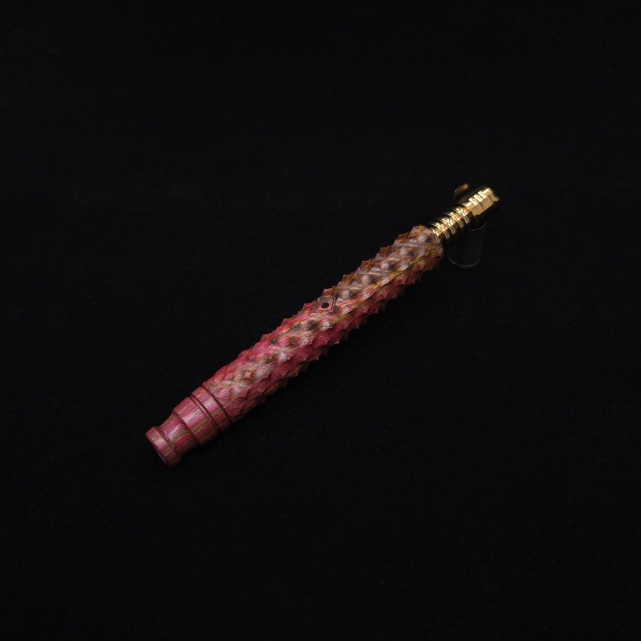 This image portrays Reaper Spine XL Zebra Wood Dynavap Stem + Book-Matched Mouthpiece - NEW! 𓌜 🎃 by Dovetail Woodwork.