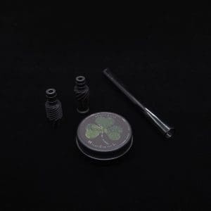 This image portrays Dynavap Vertex Blacked Out Boro-Glass Jr./Ebony Wood Specialty Stem Setup-NEW! by Dovetail Woodwork.