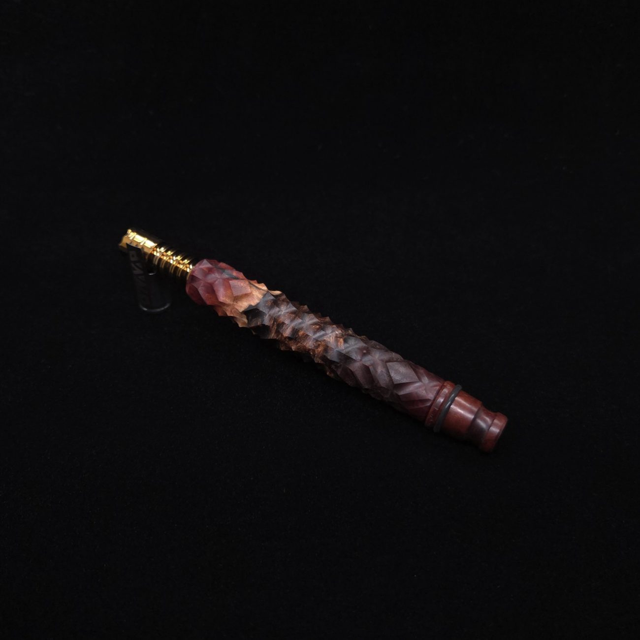 This image portrays High Class Reaper Spine XL Hybrid Dynavap Stem + (2) Book-Matched Mouthpieces -🔥𓌜 by Dovetail Woodwork.