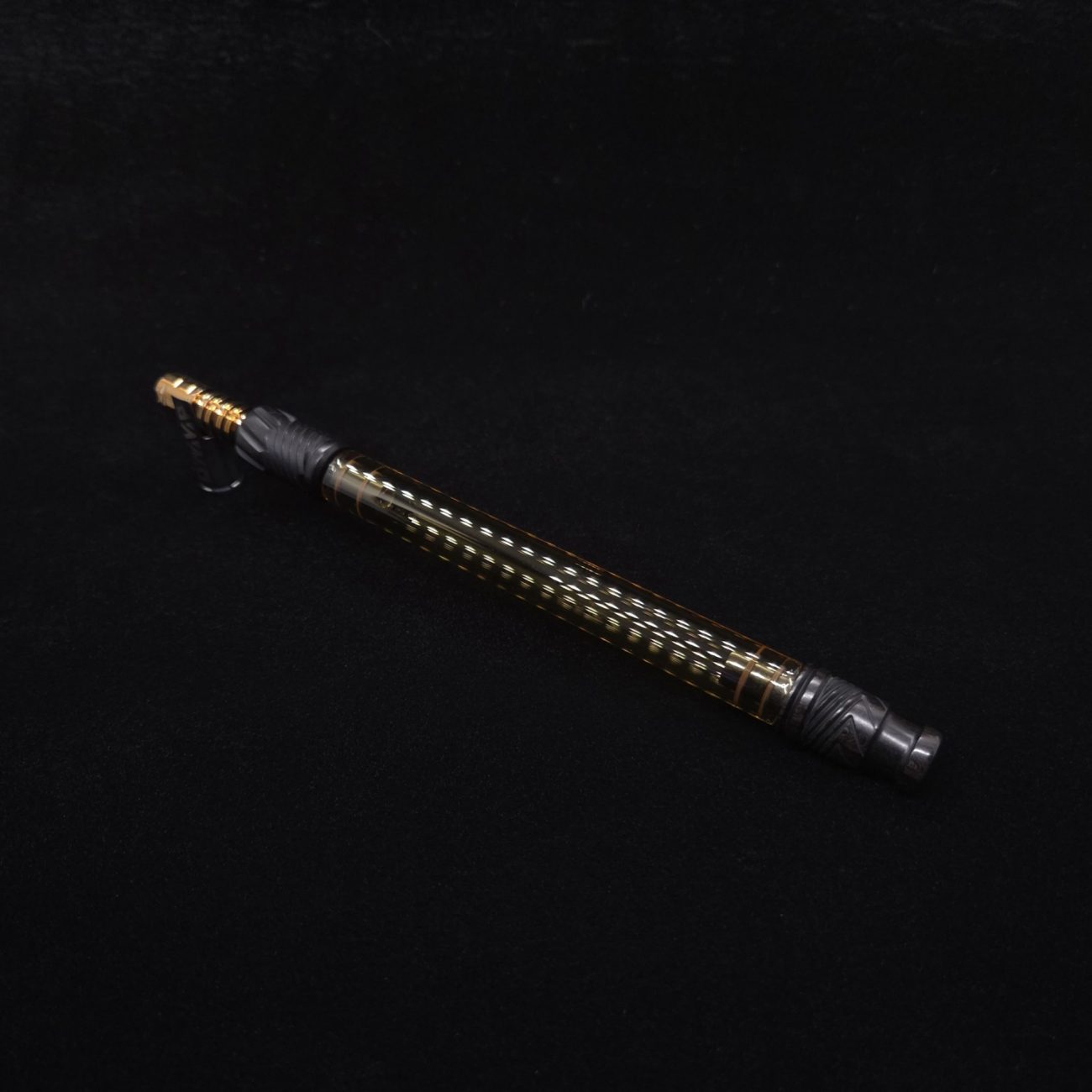 This image portrays Dynavap Vertex Golden Boro-Glass Jr./Ebony Wood Specialty Stem Setup-NEW! by Dovetail Woodwork.