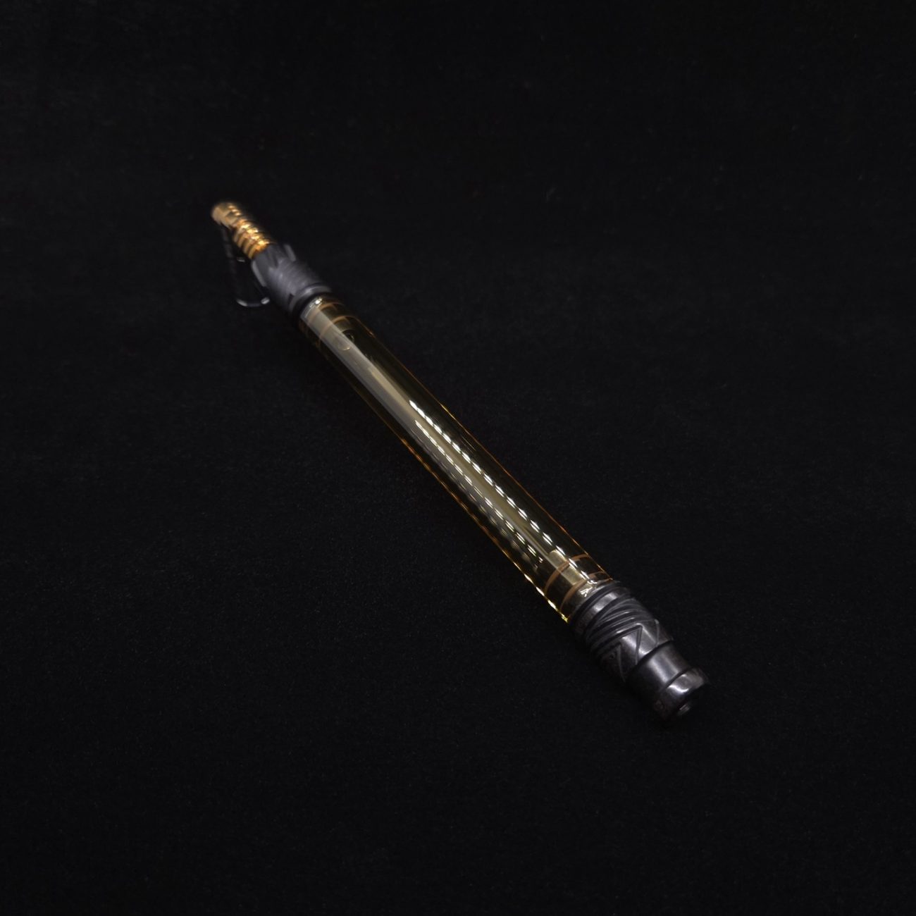 This image portrays Dynavap Vertex Golden Boro-Glass Jr./Ebony Wood Specialty Stem Setup-NEW! by Dovetail Woodwork.