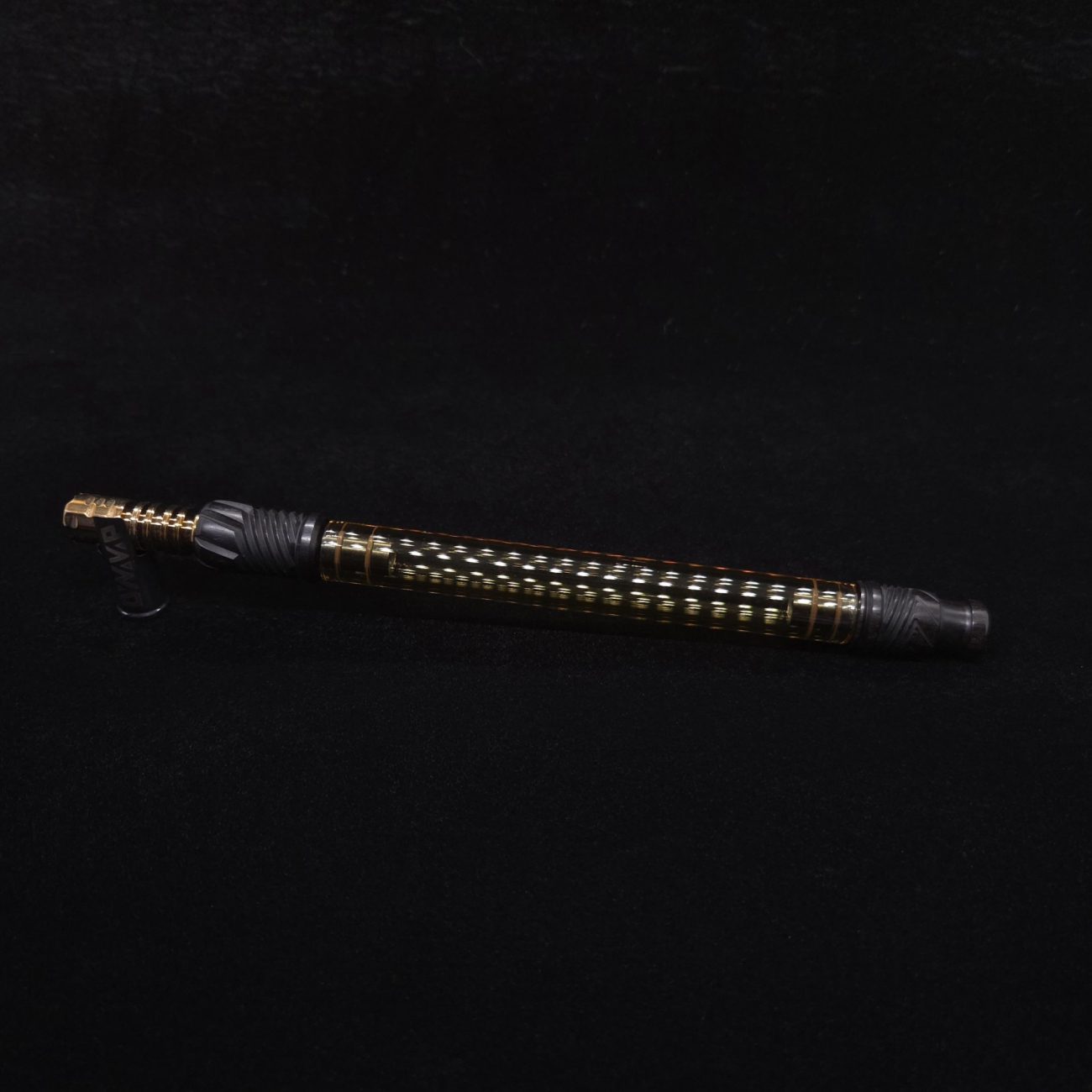 This image portrays Dynavap Vertex Golden Boro-Glass Jr./Ebony Wood Specialty Stem Setup-NEW! by Dovetail Woodwork.