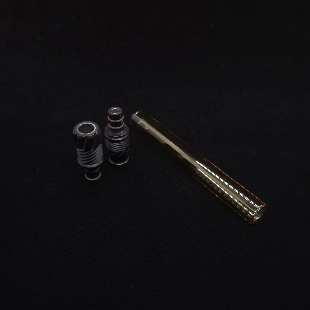 This image portrays Dynavap Vertex Golden Boro-Glass Jr./Ebony Wood Specialty Stem Setup-NEW! by Dovetail Woodwork.