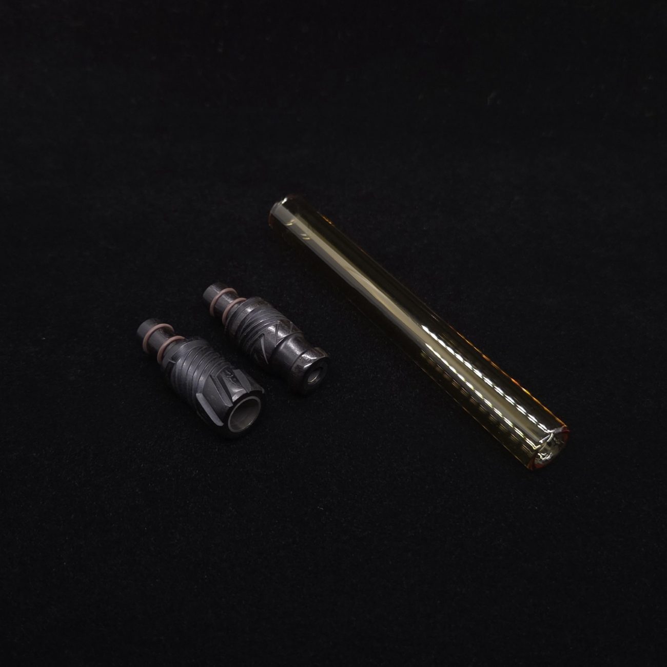 This image portrays Dynavap Vertex Golden Boro-Glass Jr./Ebony Wood Specialty Stem Setup-NEW! by Dovetail Woodwork.