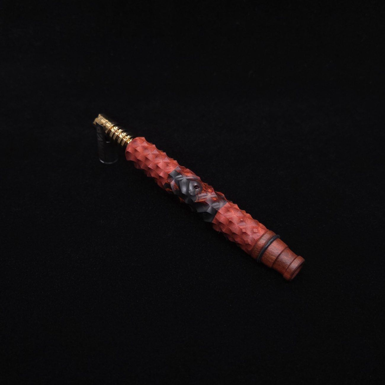 This image portrays High Class Reaper Redheart XL Hybrid Dynavap Stem + Book-Matched WPA Spinning Mouthpiece 𓌜 by Dovetail Woodwork.