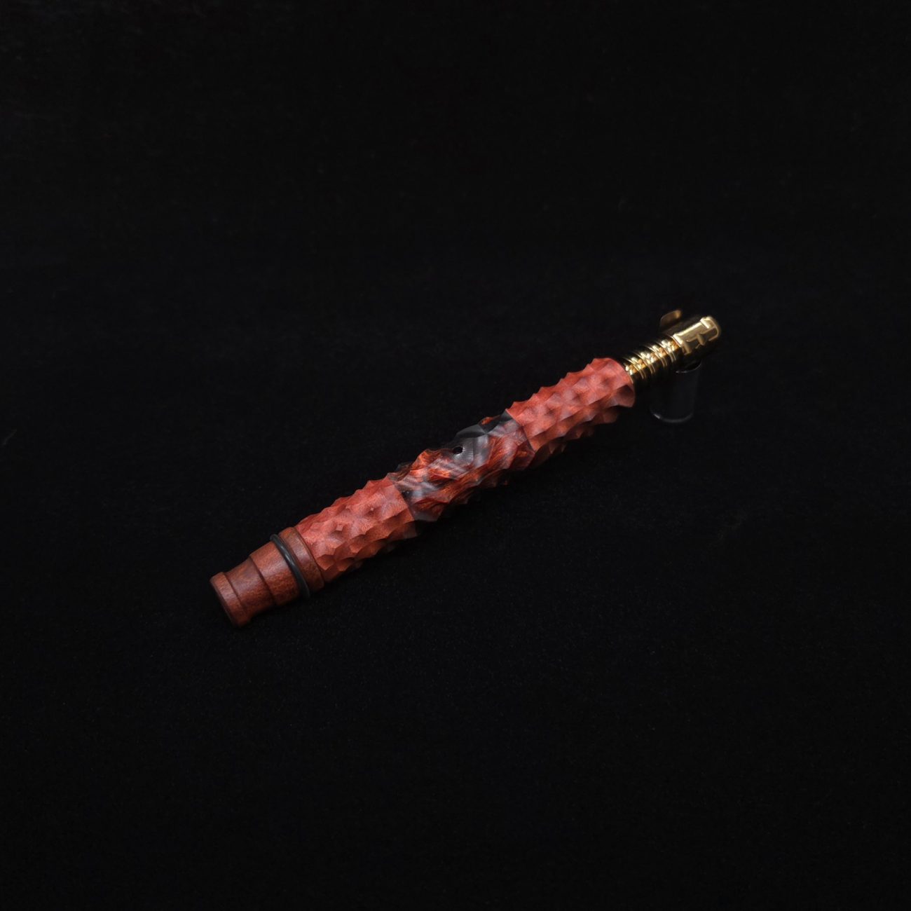 This image portrays High Class Reaper Redheart XL Hybrid Dynavap Stem + Book-Matched WPA Spinning Mouthpiece 𓌜 by Dovetail Woodwork.