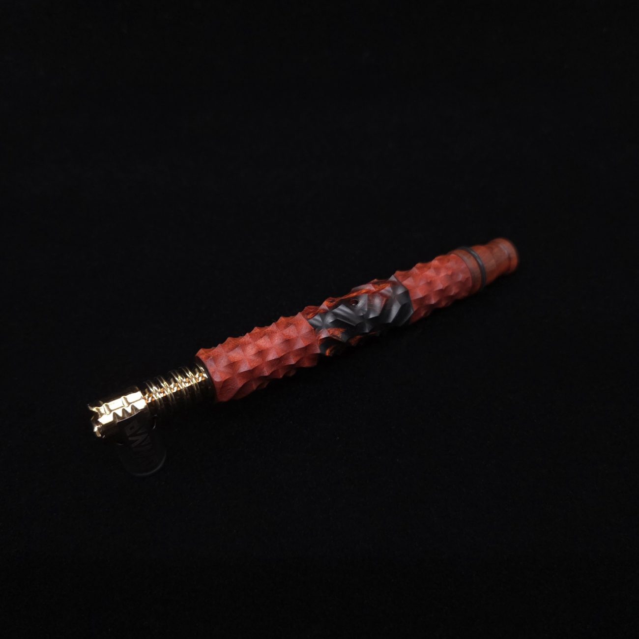 This image portrays High Class Reaper Redheart XL Hybrid Dynavap Stem + Book-Matched WPA Spinning Mouthpiece 𓌜 by Dovetail Woodwork.