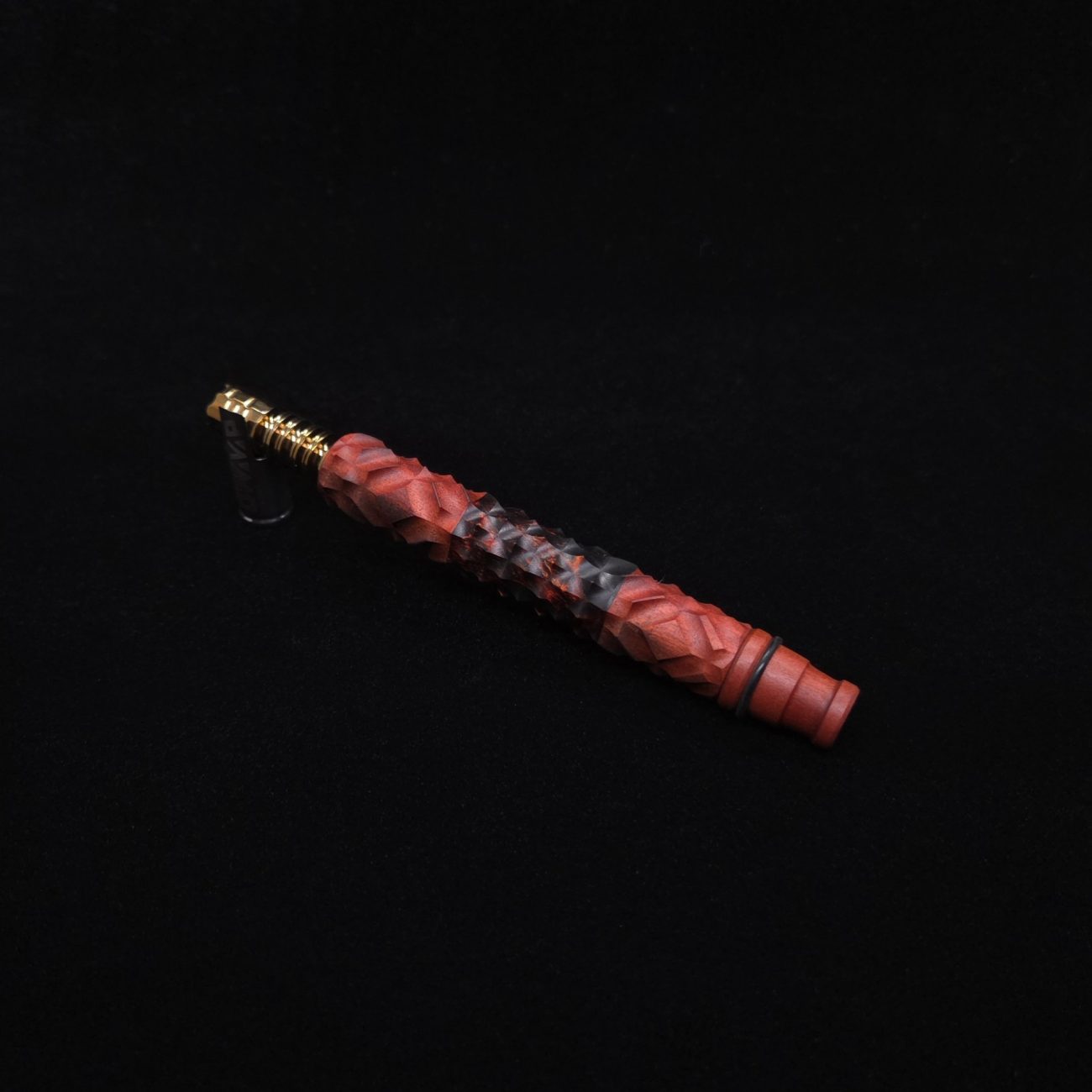 This image portrays High Class Reaper Redheart XL Hybrid Dynavap Stem + Book-Matched WPA Spinning Mouthpiece 𓌜 by Dovetail Woodwork.