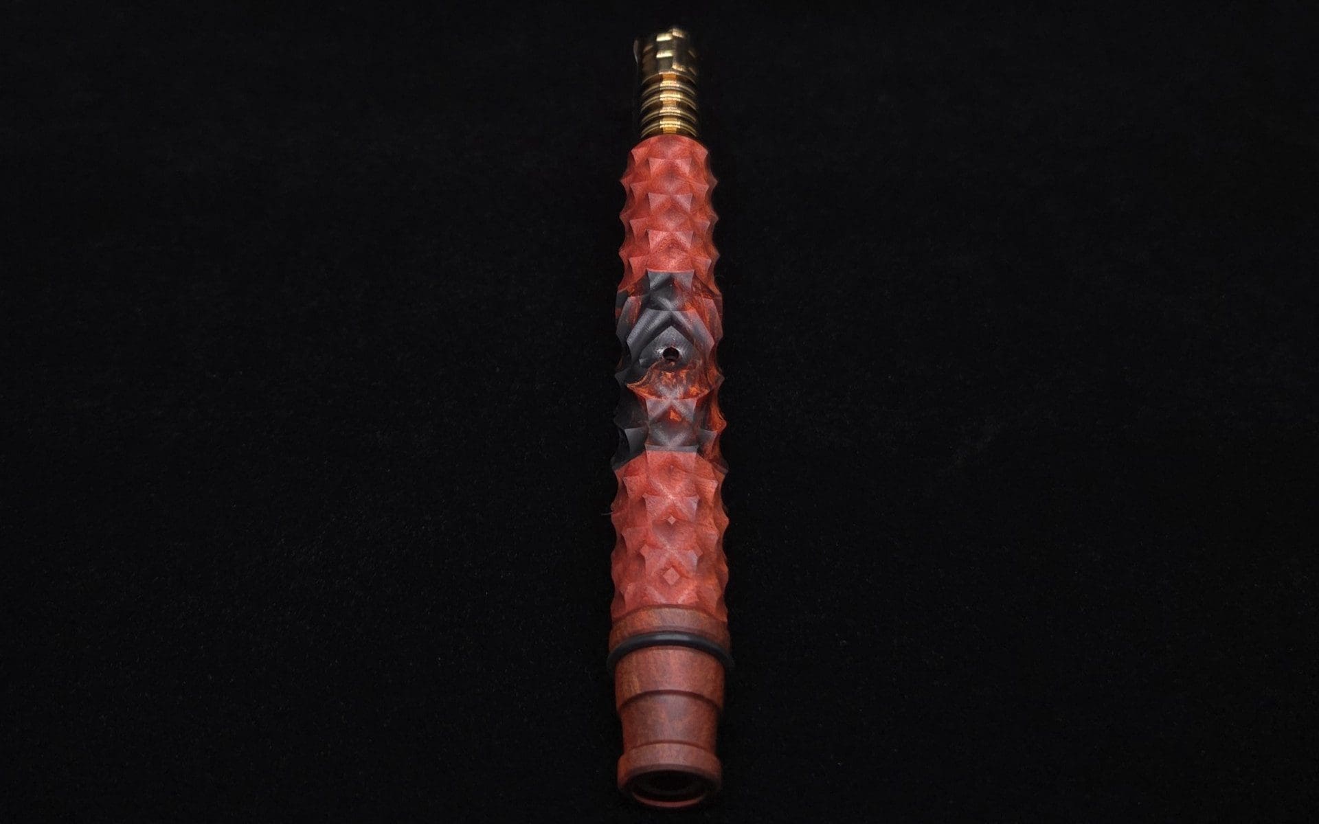 This image portrays High Class Reaper Redheart XL Hybrid Dynavap Stem + Book-Matched WPA Spinning Mouthpiece 𓌜 by Dovetail Woodwork.